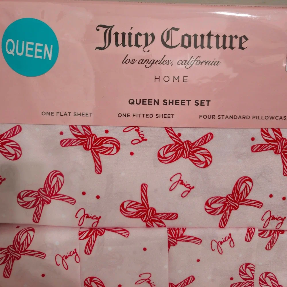 Juicy Couture Christmas Queen Sheet Set Pink Candy Cane Bow Bedding NWT